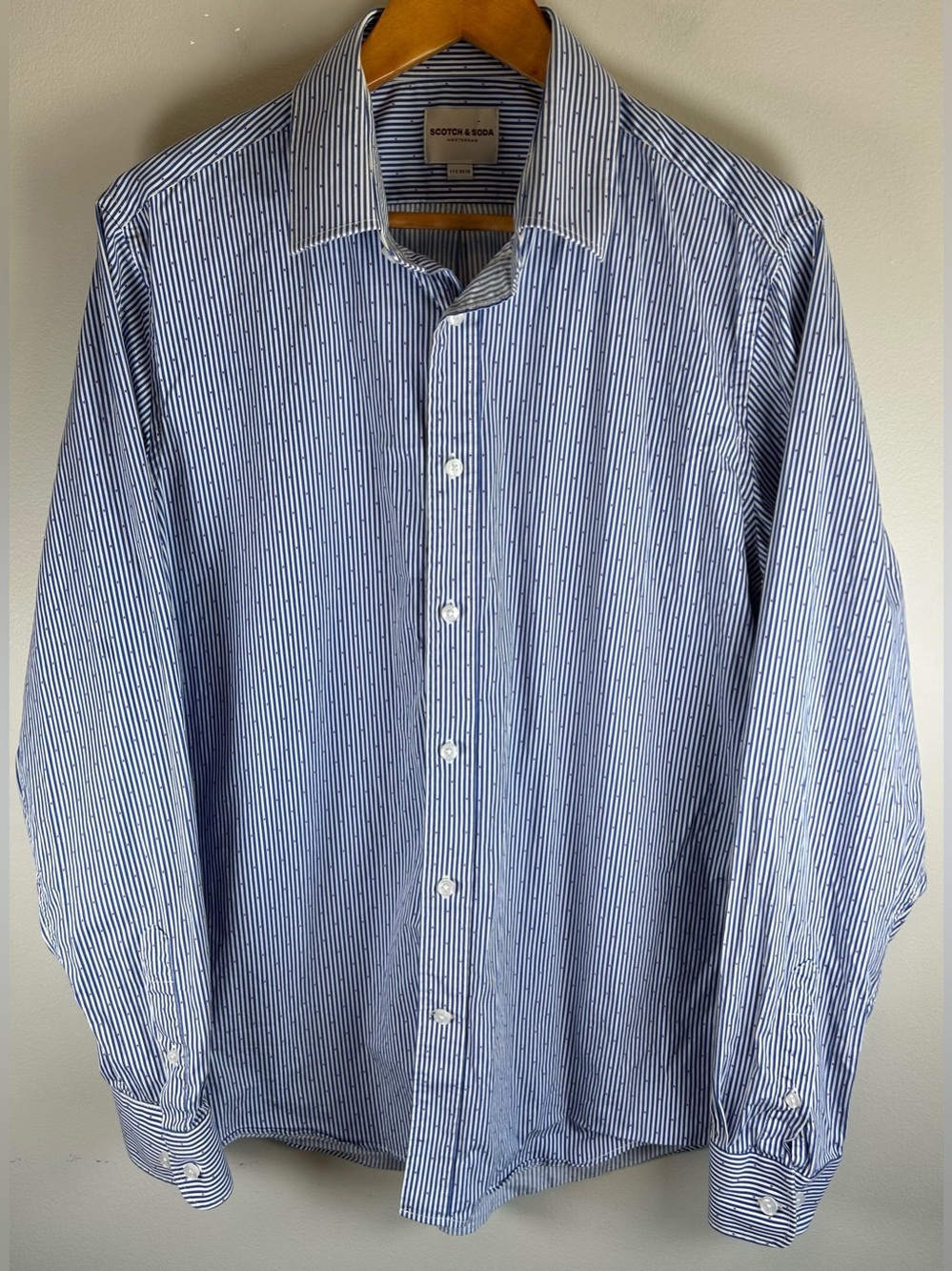 Scotch & Soda Button Up Shirt 17.5 35/36 Blue White Stripe Speckle Amsterdam EUC